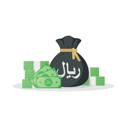Money bag and banknotes with Riyal sign. Saudi Arabia money icon. SAR  Flat style Vector illustration isolated on white background. EPS-10 Vector File.