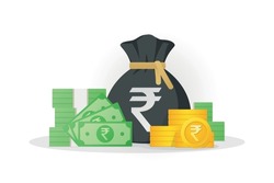 Money bag, banknotes and gold coins with rupee sign. Indian Cash money icon. Flat style eps-10 Vector illustration isolated on white background.