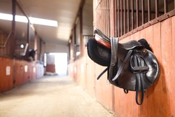 A leather saddles horse in a stable