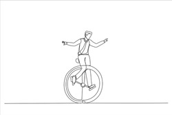 Drawing of businessman riding vintage clock bicycle. Time management or work life balance concept. Single line art style
