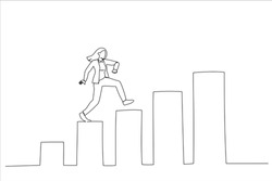 Illustration of confidence businesswoman step walking up stair of success with rising up arrow. Improvement or career growth. One line style art
