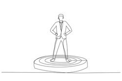 Cartoon of businessman superhero leader on podium, standing proud and strong. Metaphor for business management and boss. Single continuous line art style
