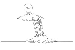 Cartoon of businesswoman climbing ladder to upper cloud to find bright idea concept of creative inspiration. One line art style