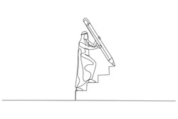 Cartoon of businesswoman use huge pencil draw staircase climbing up ladder concept of business development. Single line art style