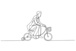 Drawing of businessman practice riding child bicycle with training wheels concept of training practice for success. Single continuous line art style