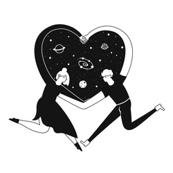 Isolated vector illustration with cartoon adult couple of man and woman who hugs, make heart sign by hands and the black universe inside. Galaxy, moon, planets and stars. Romantic print design