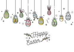 Easter eggs composition. Colorful linear icons on white background. Hanging Easter ornamental eggs. Happy Easter greeting card