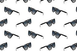 Glasses pattern background. Black cat eye sunglasses isolated on white.