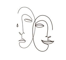 Continuous line, drawing of sad and happy faces, fashion minimalist concept, vector illustration.