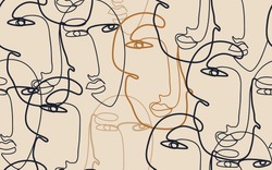 Continuous line drawing of faces. Modern fashionable pattern. Minimalist abstract aesthetic style.
