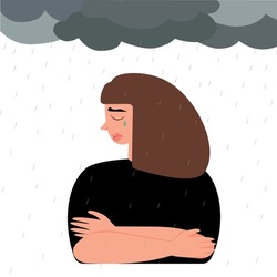 Unhappy girl. Sad woman, female person in stress, lonely young girl hug herself, crying psychotherapy patient.vector illustration