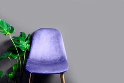 Modern Purple Very Peri Velour Chair on wooden legs, grey background