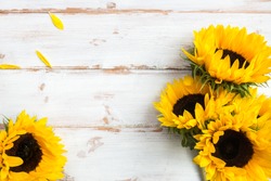 Yellow Sunflower Bouquet on White Rustic Background, Autumn Concept, Top View, Space for Text