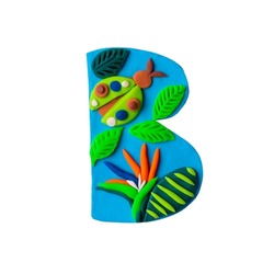 Plasticine handmade alphabet in tropical style with parrots, flowers, monstera, birds isolated on white background.