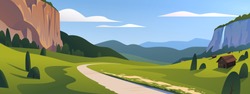 Vector flat summer landscape illustration, wild nature view: sky, mountains, meadow, road, village. For car travel banner, road trip card, touristic advertising, vacation brochure, flayer, etc.