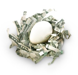 An egg is on top of shredded money as a nest. Represents saving money and preparing for the future. Use it for a retirement or security concept.
