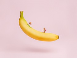 Fresh and ripe banana as a metaphor for a wave with two miniature figurine surfers isolated on a lilac background. Abstract summer sport of fruit food composition. Creative sea vacation concept.