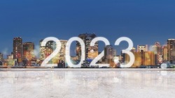 New Year 2023 in the city. Panoramic city background with happy new year 2022 celebration