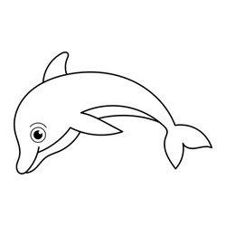 Coloring pages. Marine wild animals. Little cute baby dolphin smiles.