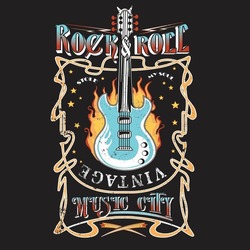 rock and roll music city, Rock and roll guitar music emblem, Rock you wild and free artwork for apparel and others. vintage vector t shirt print deign. 