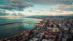 Taken with a drone from the Atakum district of Samsun; View of the city, sunset, Kurupelit Yacht Harbor coast.