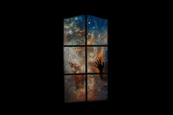 Soul in outer space behind closed door. Many stars and blue nebula in dark room. Astral body locked up. Abstract image of clinical death, coma, subconscious. Elements of this image furnished by NASA.