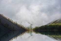 Tranquil meditative scenery of glacial lake with pointy fir tops reflection and forest hill in thick low clouds. Graphic EQ of spruce tops on alpine lake in dense fog. Mountain lake at early morning.