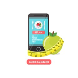 Phone with app of calorie counter, apple and measuring tape. Calorie calculator concept for icons, banners, web mobile design. Vector illustration.