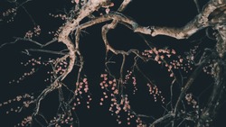 Abstract blurred artificial of pink sakura flower decorate on dry tree in night garden thailand for pattern night background.Vintage tone flim grian style.