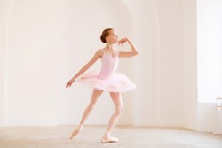 Little girl ballerina dancer in tutu dress learning ballet dance at dance school