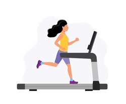 Woman running on the treadmill, concept illustration for sport, exercising, healthy lifestyle, cardio activity. Vector illustration in cartoon style