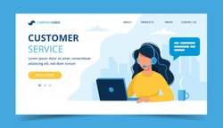 Customer service landing page. Woman with headphones and microphone with laptop. Concept illustration for support, assistance, call center. Vector illustration in flat style