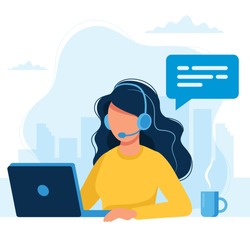 Customer service. Woman with headphones and microphone with laptop. Concept illustration for support, assistance, call center. Vector illustration in flat style