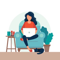 Girl with laptop on the chair. Freelance or studying concept. Cute illustration in flat style.