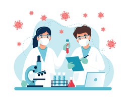 Vaccine research, scientists conducting experiments in lab. Vector illustration in flat style