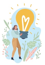 Vector cartoon illustration of Woman holding big giant light bulb banner looking happy excited. Woman having an idea or solution. Human modern characters.