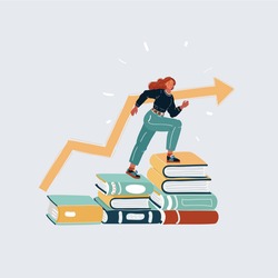 Vector cartoon illustration of Successfully woman going from one education level to another. Girl steps up stairs of books on white background.