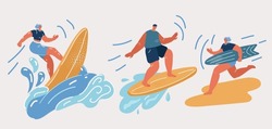 Cartoon vector illustration of Surfing people. Surfer standing on surf board in wave, surfers on beach.