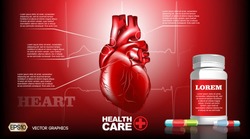 Digital Vector Infographic Realistic Human Heart. Premium quality illustration detailed organs. Health care pills