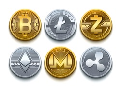 Digital vector cryptocurrency set icons. Bitcoin, Ethereum, Litecoin, Monero, Ripple, Zcash detailed coins