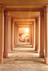 Spiritual fantasy scene with a passageway surrounded by pillars leading to Heaven