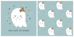 Graphic set of cartoon illustration and seamless pattern with cute ghost. For children's T-shirt print, textile, Halloween decoration, wrapping paper, etc.