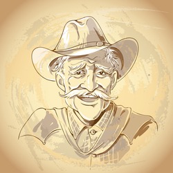 Portrait of laughing old  cowboy. Vintage style vector illustration.