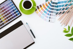creative professional graphic design desk, top view of table graphic designer