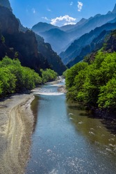 Amazing landscape from the ravine of the Aoös (or Aous) river. It flows through the Vikos–Aoös National Park in the Pindos mountain range, near the cities of Ioannina and Konitsa. Epirus. Greece.