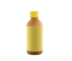 Amber glass bottle of liquid medicine with yellow cap isolated on white background