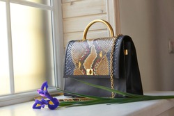 Fashionable blue colored woman s bag with snake skin imitation. It has a little handle and long golden chain on it. It stands on windows background.
