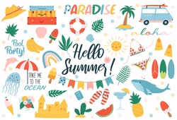 Summer elements set: ice cream, dolphin, beach, watermelon, surfboard, swimsuit, flippers, flowers, plants. Cute and colorful stickers for posters, scrapbooking, summer party invitations.