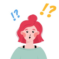 Surprised redhead girl with exclamation and question marks above her head. Shocked woman. Vector illustration in flat style.