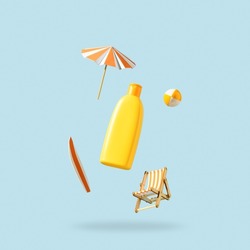 Orange bottle for cosmetics products and beach accessories flying in antigravity on pastel blue background. Levitation. Skincare creative concept. Mockup